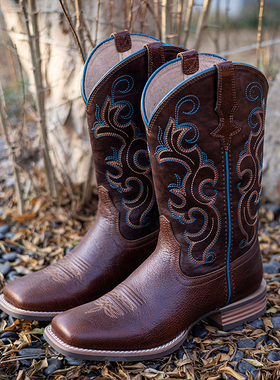 Palitutu新款百搭马丁靴V口刺绣复古西部牛仔靴女套筒骑士靴子