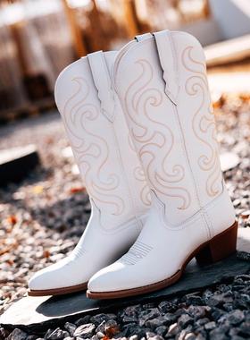 Palitutu新品时尚西部靴女鞋靴子骑士高筒牛仔靴刺绣马靴