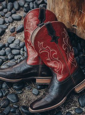 Palitutu牛皮百搭西部牛仔靴女刺绣套筒骑士靴复古中筒方头马靴