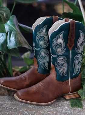 Palitutu西部牛仔靴棕绿撞色时尚复古靴粗跟真皮中筒靴