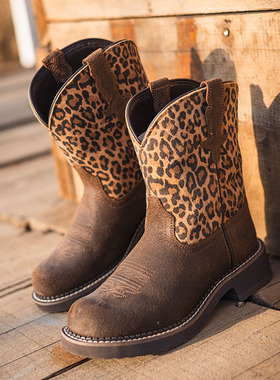 Palitutu靴子男女童款真皮时尚豹纹短筒靴手工马靴刺绣复古牛仔靴