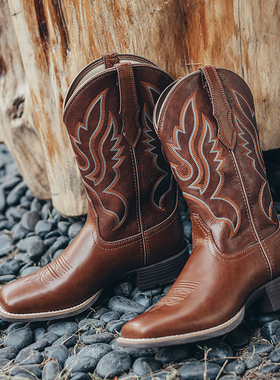 时装靴复古刺绣西部牛仔靴女V口中筒马丁靴不过膝棕色骑士靴