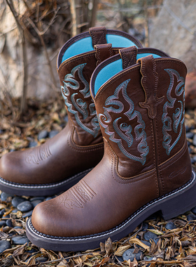 Palitutu刺绣复古西部牛仔靴真皮短筒靴男女童百搭马丁靴骑士靴