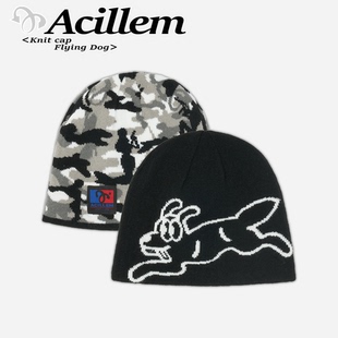 Acillem原创迷彩飞狗双面戴针织帽2024秋冬羊绒帽子情侣堆堆冷帽