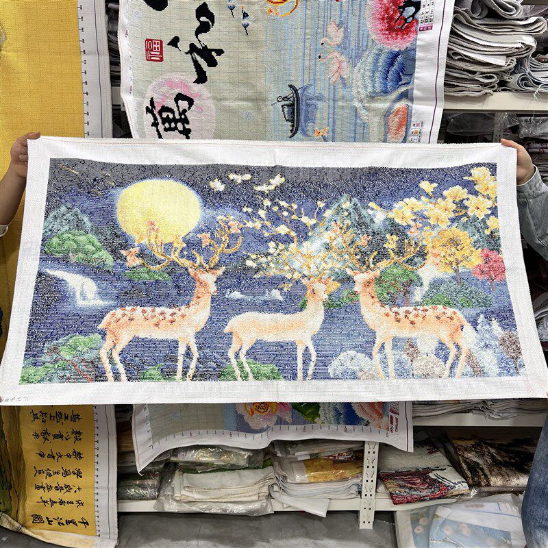 热销纯手工十字绣成品新款月夜星C辰梅花鹿发财鹿客厅餐厅装饰画