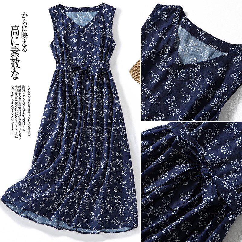 极速蓝色碎花苎麻连衣裙女夏季大码胖mm高M级感裙子女薄款无袖背