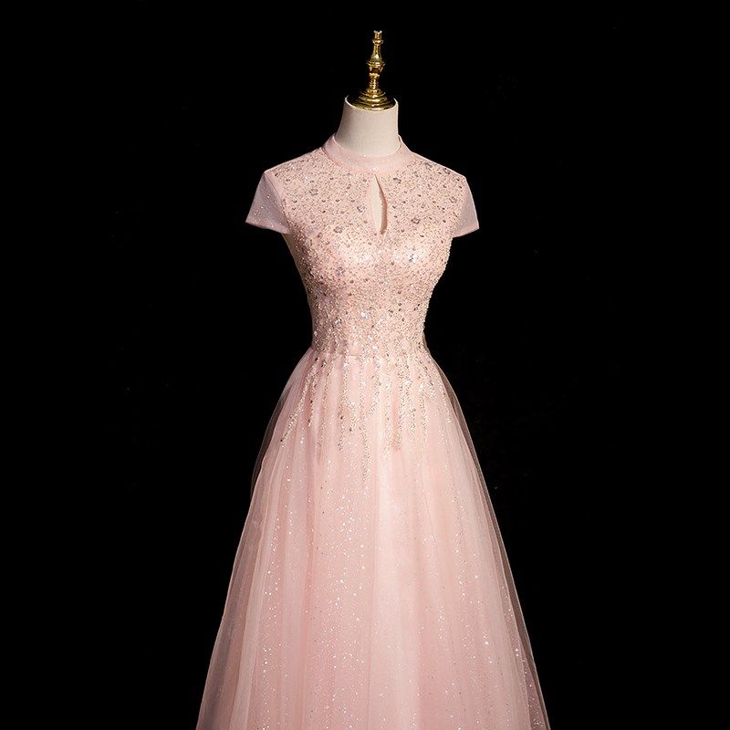 速发高端晚礼服女艺考主持毕业成人礼轻奢小众法式高级感订婚裙粉