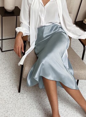 极速Yiyiyouni Elegant High Waist Satin SiLlk Skirt Women Spr