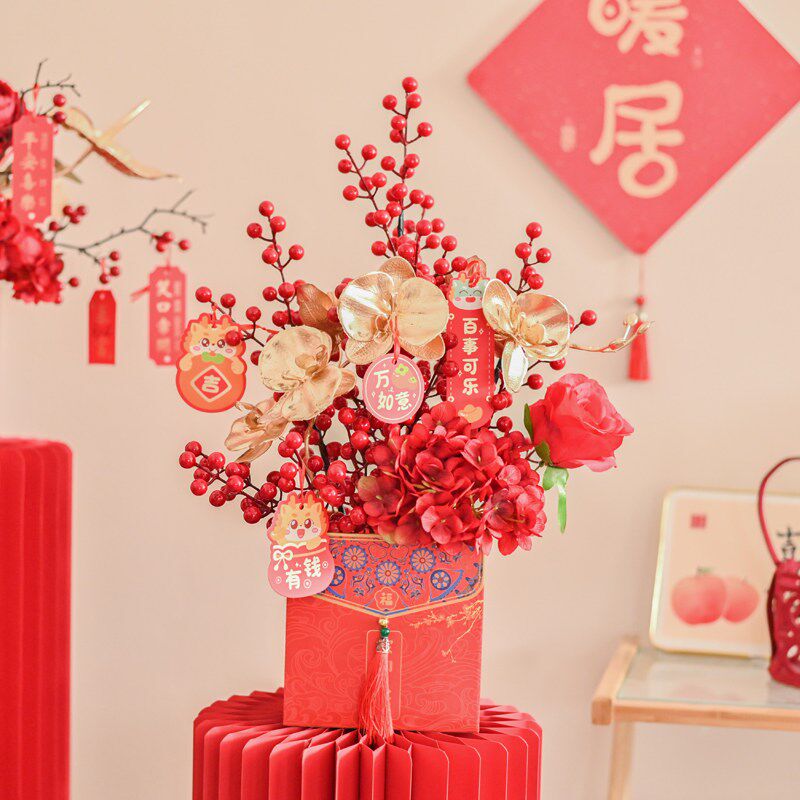 新品新年年宵花福桶摆件发财红果插花装饰蛇S年春节场景布置品
