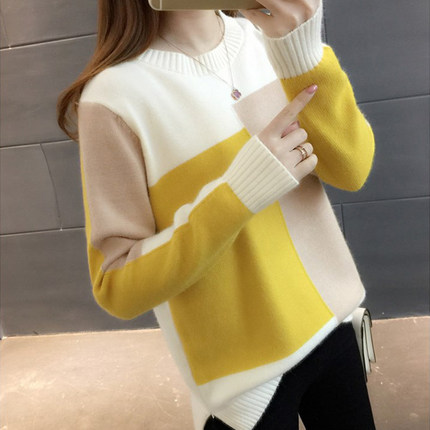 极速Women Colojr Block Pullover Sweater Autumn Winter New Fa
