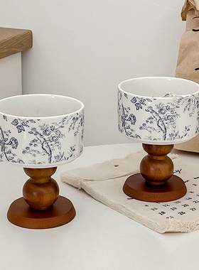 新品法式a青花高脚碗摆件 ins高颜值饰品收纳碗 木质甜品碗拍照装