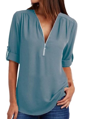 极速Womend Blouses Summer Elegant V Neck Roll Up Long Sleeve