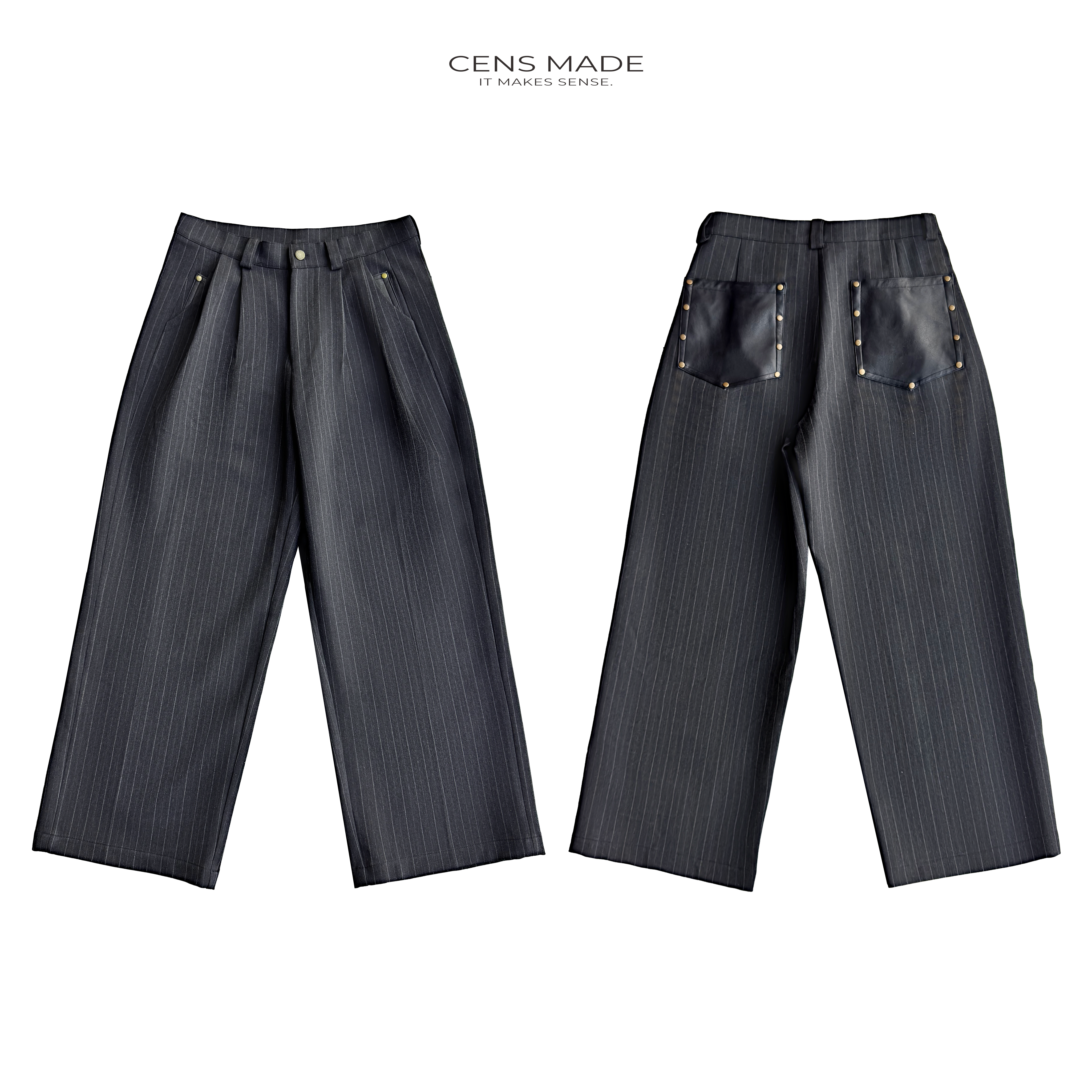 CENSMADE 26SS立体剪裁阔腿凉感A字TR混纺拼皮口袋撞钉条纹西裤