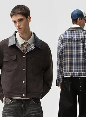 CENSMADE logo刺绣百搭通勤质感麂皮格纹双面穿夹克boxy短宽版型