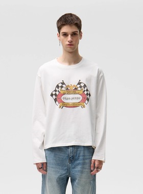 CENSMADE 赛车vintage做旧印花长袖纯棉软糯透气boxy短宽版型T恤