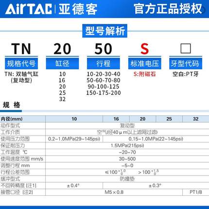 极速双轴双导杆气缸TN10/16/20/2w5*10x15x20x25/30x35x40x45x50