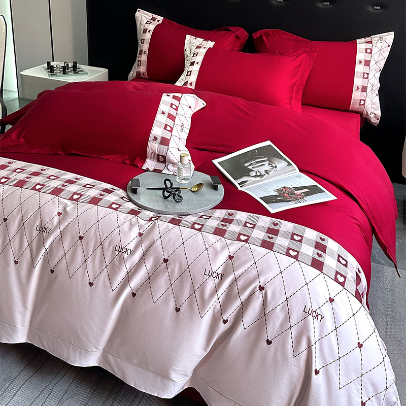 极速新房a婚庆牀上用品100s长绒棉拼接刺绣红色结婚被套牀单牀笠
