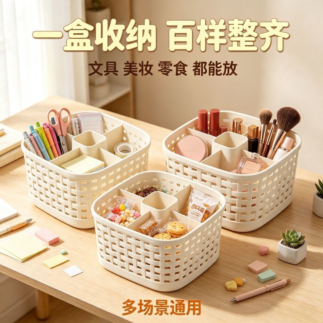 【清仓中】藤纹化妆桶化妆品桌面收纳盒梳妆桌多功能整理分格架图片