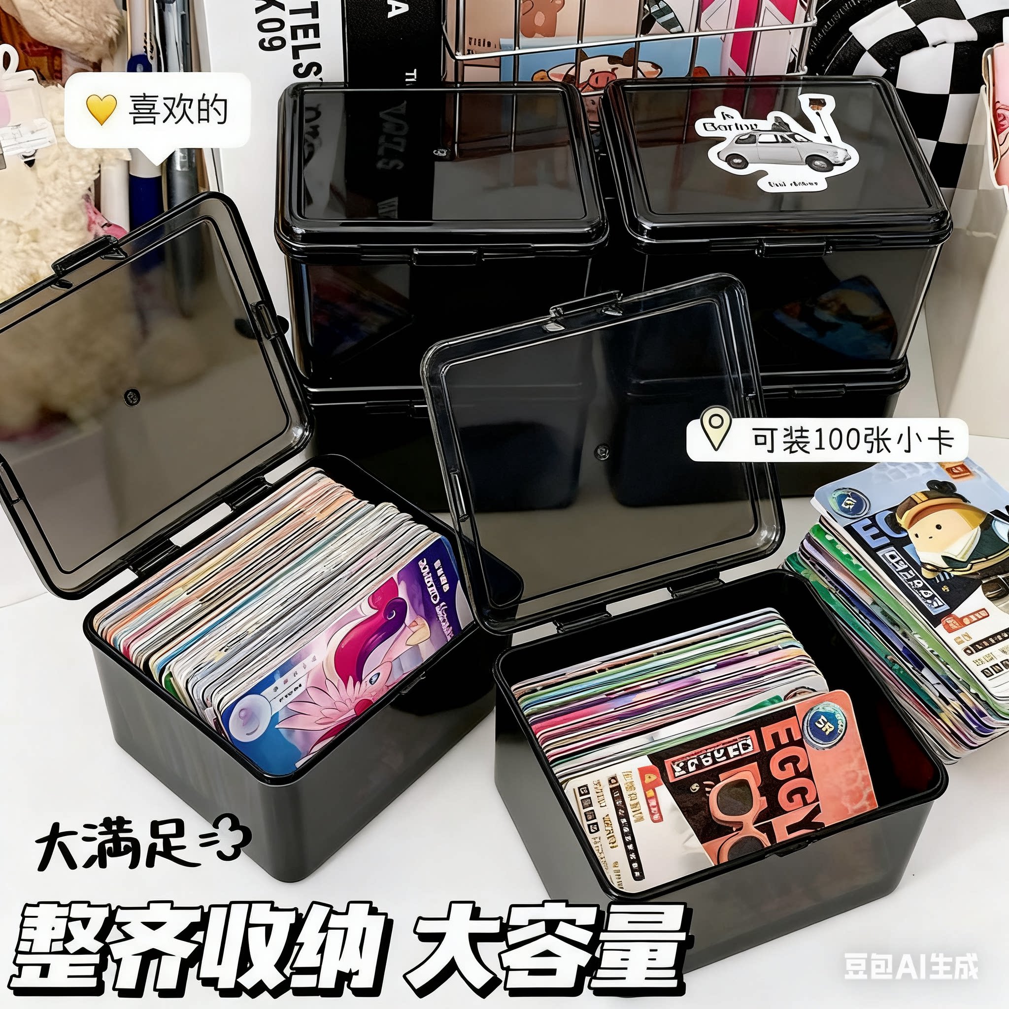 纯黑翻盖ins风收纳盒收纳咕卡宝莉卡卡整理盒子多功能大容量防尘