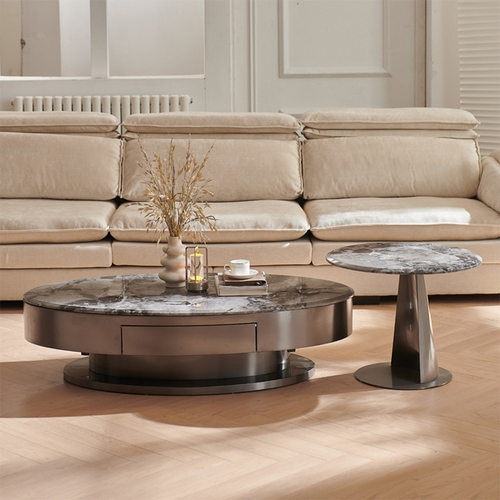 意式轻奢大理石茶几组合设计师现代简约椭圆形伸缩家用小户型茶几