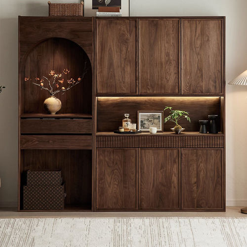 黑胡桃木鞋柜入户玄关柜一体靠墙家用复古风隔断柜满墙到顶门厅柜