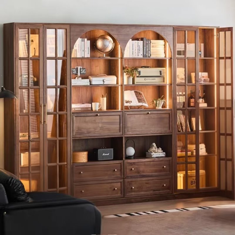 北美黑胡桃木实木满墙书柜储物柜樱桃木一体整墙客厅面墙落地书架