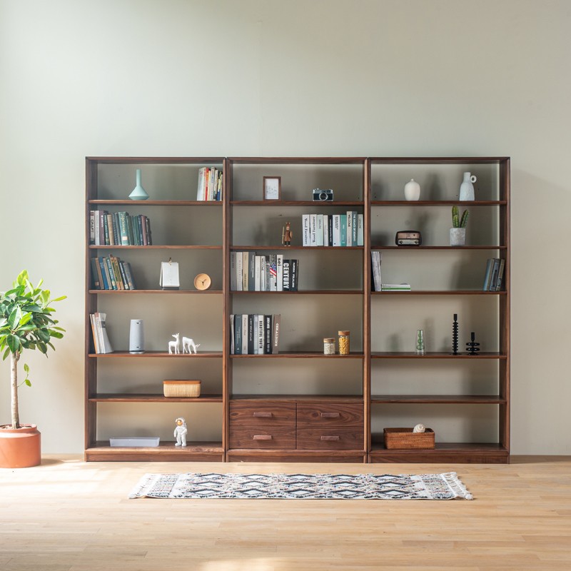 北欧黑胡桃木全实木书柜书架客厅现代简约橡木置物柜原木展示边柜