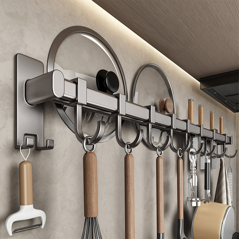 速发厨壁挂钩免打孔挂杆厨房置物架锅铲勺子挂架挂锈钢排钩房不式