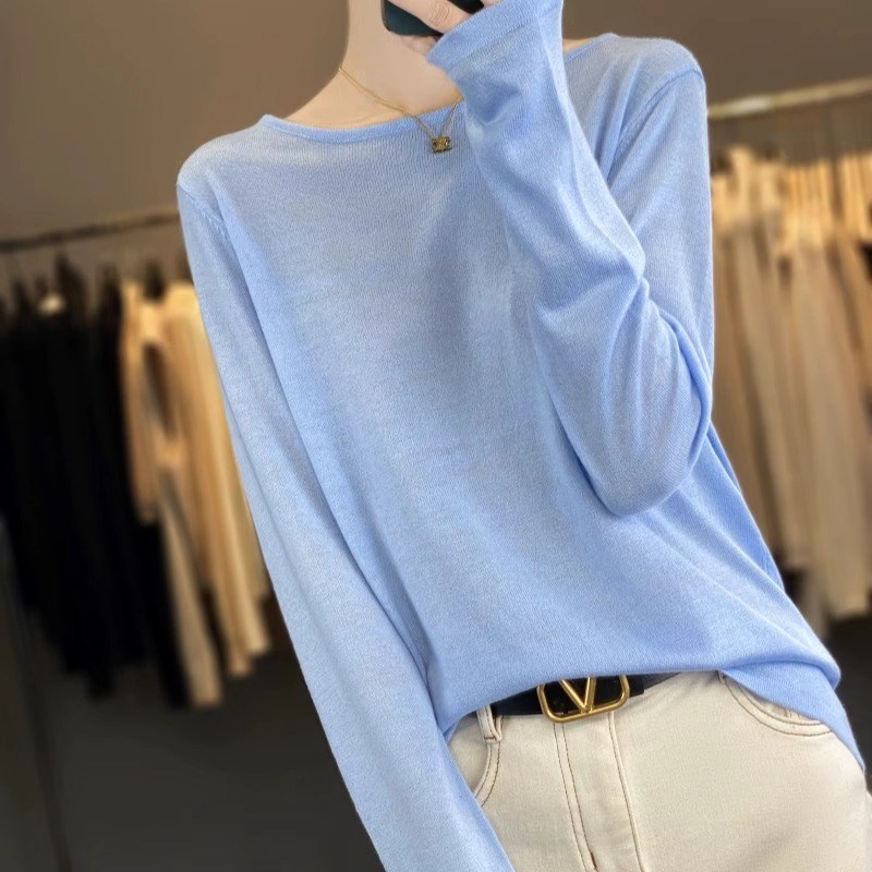 速发秋薄款精仿衫圆领打底衫宽松慵懒风纯色毛织针款短衣