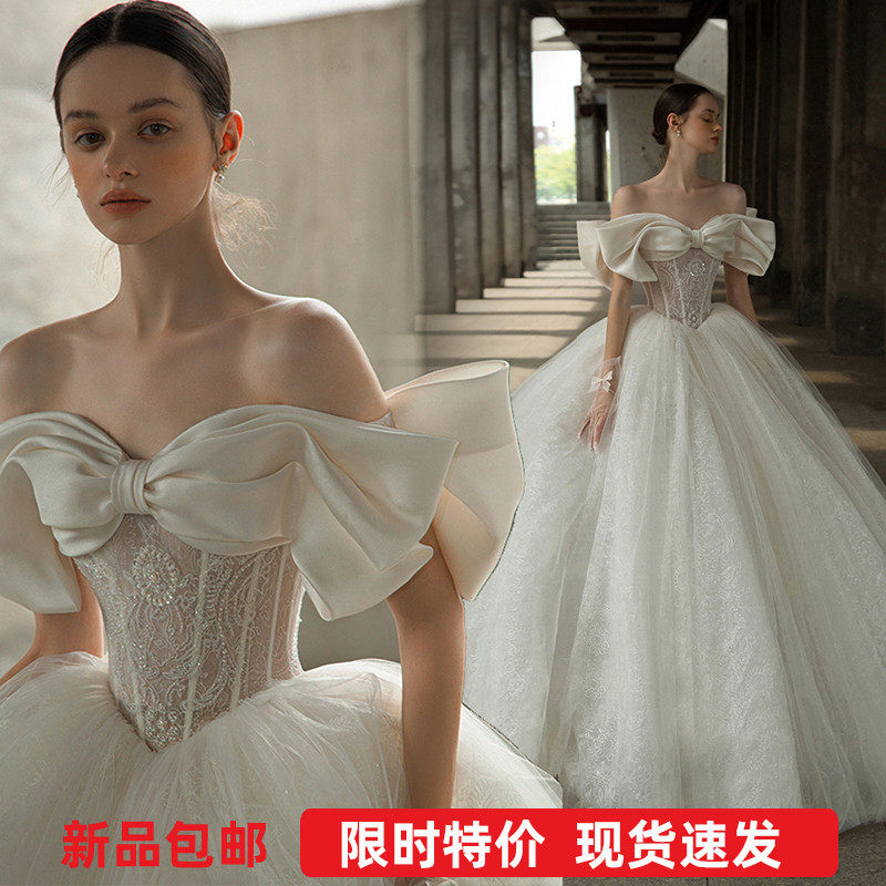 速发齐高级缎面法地公主新娘蝴蝶结抹胸 式款婚纱礼服1818