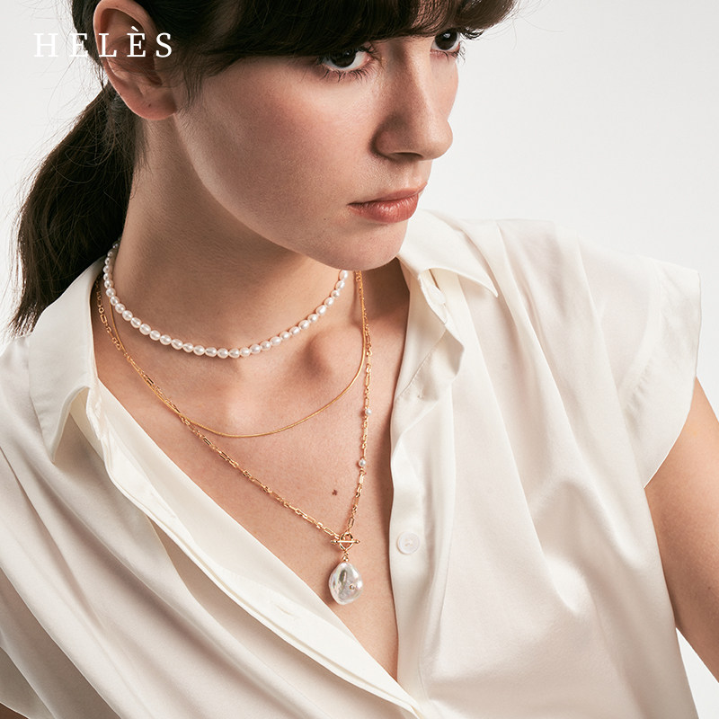 HELES法式高级简约天然淡水巴洛克长款珍珠项链浪漫镀金轻奢项链