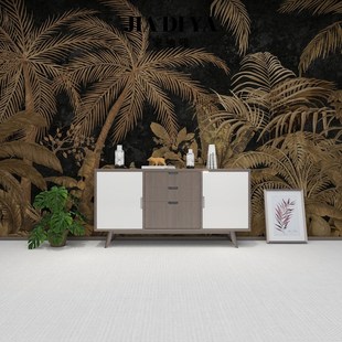 热带植物叶子黑色轻奢墙布客厅沙发卧室法式中古电视背景墙高级感