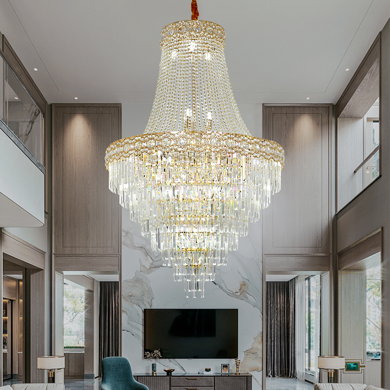 轻奢别墅中e空复式楼大吊灯水晶大厅旋梯楼梯后现代客厅酒店大堂