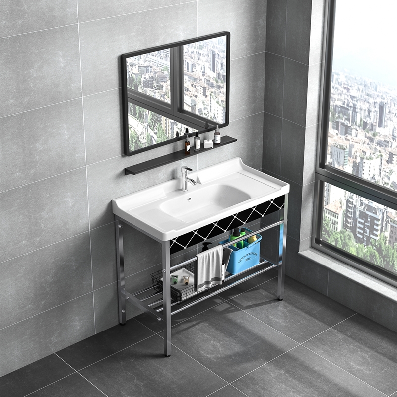 不锈钢落地陶瓷盆洗手盆简u约现代小户型阳台洗脸盆卫生间一体手