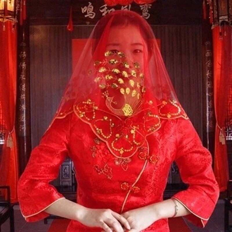 速发蒙婚婚庆用品婚礼大红结头纱巾 盖头 头纱披肩 新具嫁妆道娘