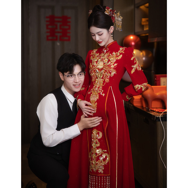 速发红色禾婚敬酒服新婚中式秀结出阁宴大码孕妇订娘礼服裙