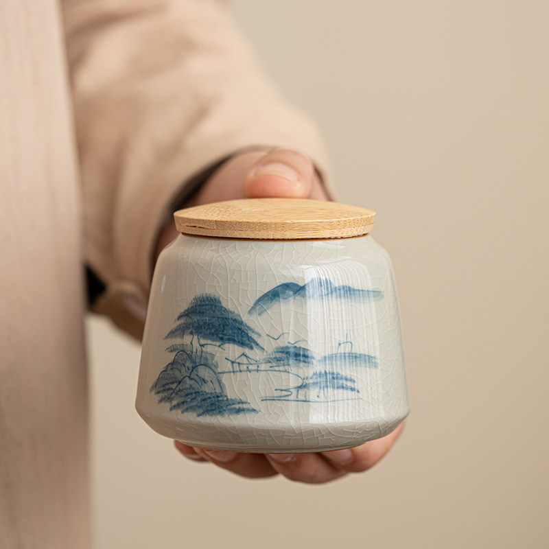 速发哥窑手绘竹罐陶瓷茶叶盖小茶绿茶红茶普洱号罐家用防潮密封储