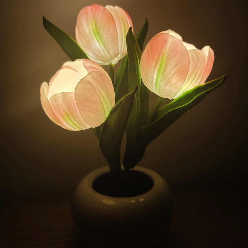 led郁金香花盆灯 粉色郁金香仿真花盆陶瓷led氛围小夜灯装饰摆件