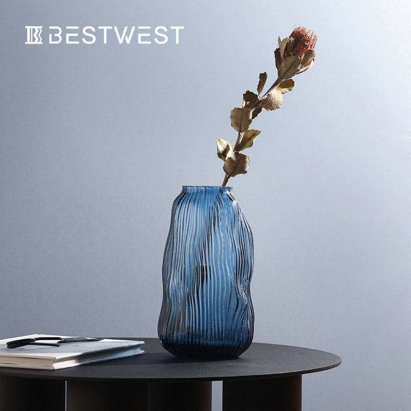 Best west 北欧烟蓝色不规则透明水培玻璃花瓶 家居客厅装饰花器