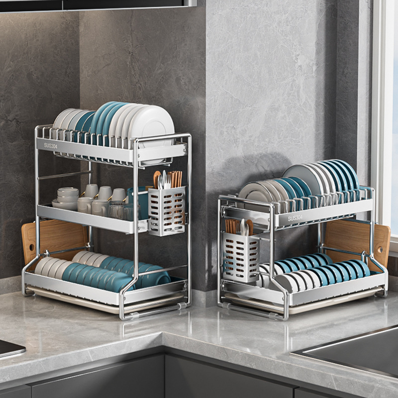 不锈钢碗碟收纳架沥水架碗筷子筒厨房置物架多功能台面多层盘子架