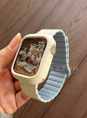 适用applewatch硅胶磁吸表带iwatch s10/s9/s8撞色腕带苹果手表7/6/5/4/se代液态硅胶保护壳ultra1/2小众夏日