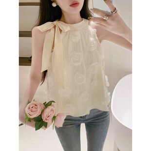 速发露宽挂脖花朵无袖吊带夏季法式小众肩松外搭短款小上衣百穿