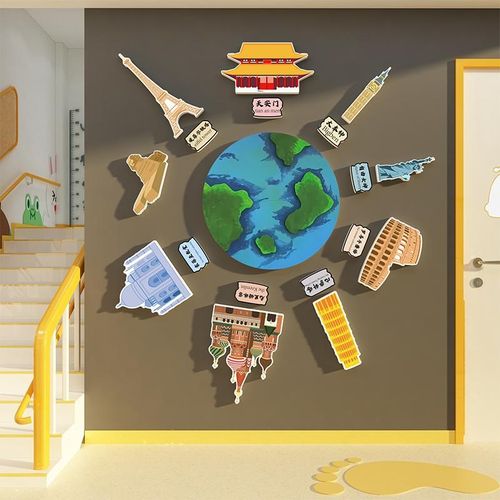 速发英文面教室布置环创主题墙角装饰机梯文化世界建筑楼构贴纸画
