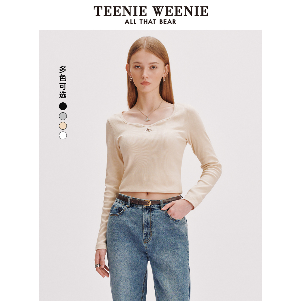 TeenieWeenie小熊女装长袖T恤2025春夏新款休闲美式简约纯色上衣