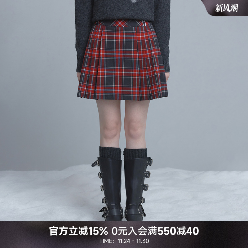 TeenieWeenie小熊女装半身裙25年冬季新款复古时髦高腰格纹百褶裙