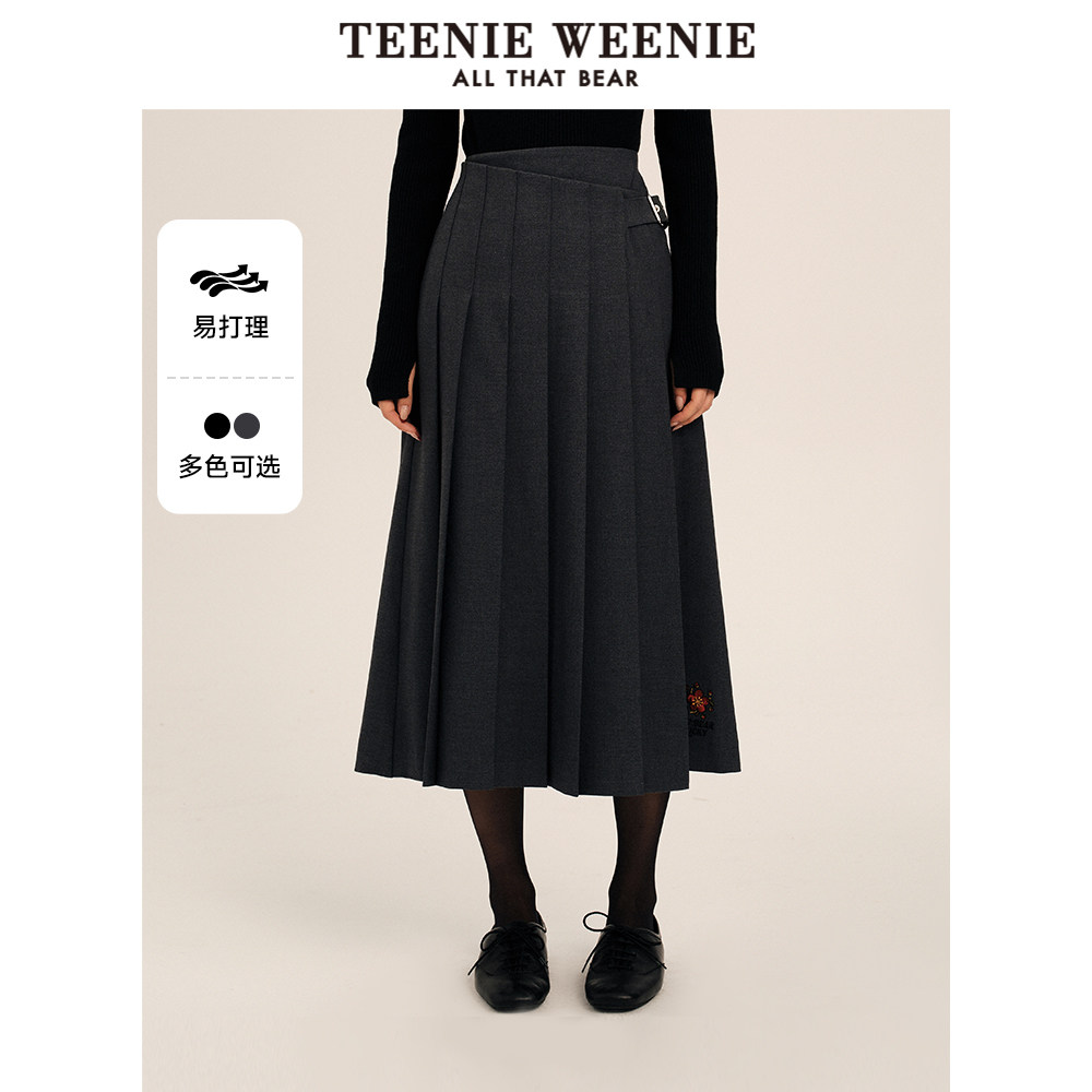 TeenieWeenie小熊女装半身裙2025秋新款学院风撞色刺绣休闲百褶裙