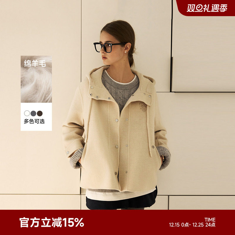 TeenieWeenie小熊女装毛呢外套2025冬新款温暖时尚中长款连帽大衣