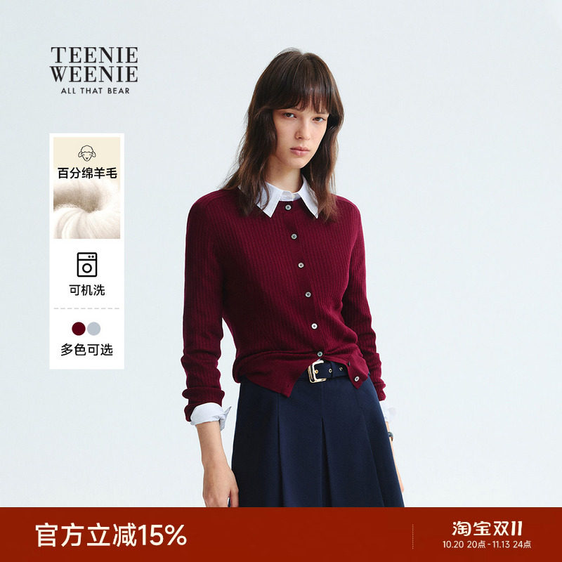 【可机洗+美利奴羊毛】TeenieWeenie小熊女装25秋款圆领针织开衫