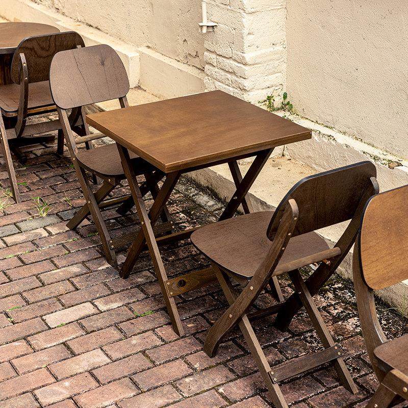 简易复古可折叠桌椅子休闲实木板圆桌方桌折叠椅咖啡厅小型饭桌子