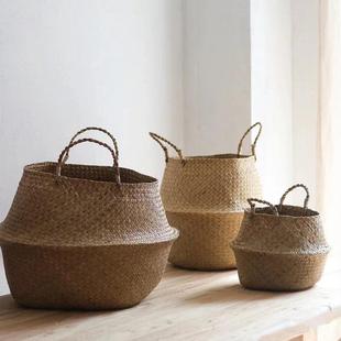 北欧草编花盆海草编织花盆藤编花盆花篮藤编手提花盆套家居装饰